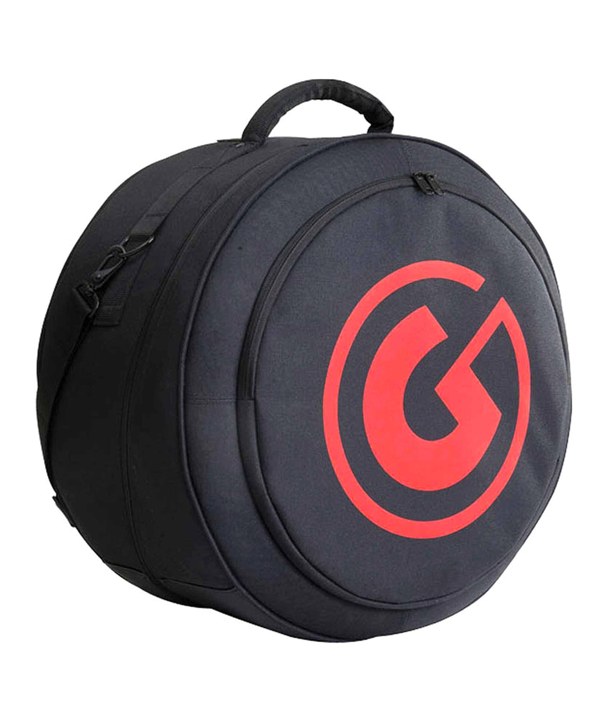 Angle. Gibraltar Hardware - 14" Pro Fit Deluxe Snare Drum Bag with Cross-Cut Zipper, Plush Interior Padding, Shoulder Strap and Accessory Pocket.
