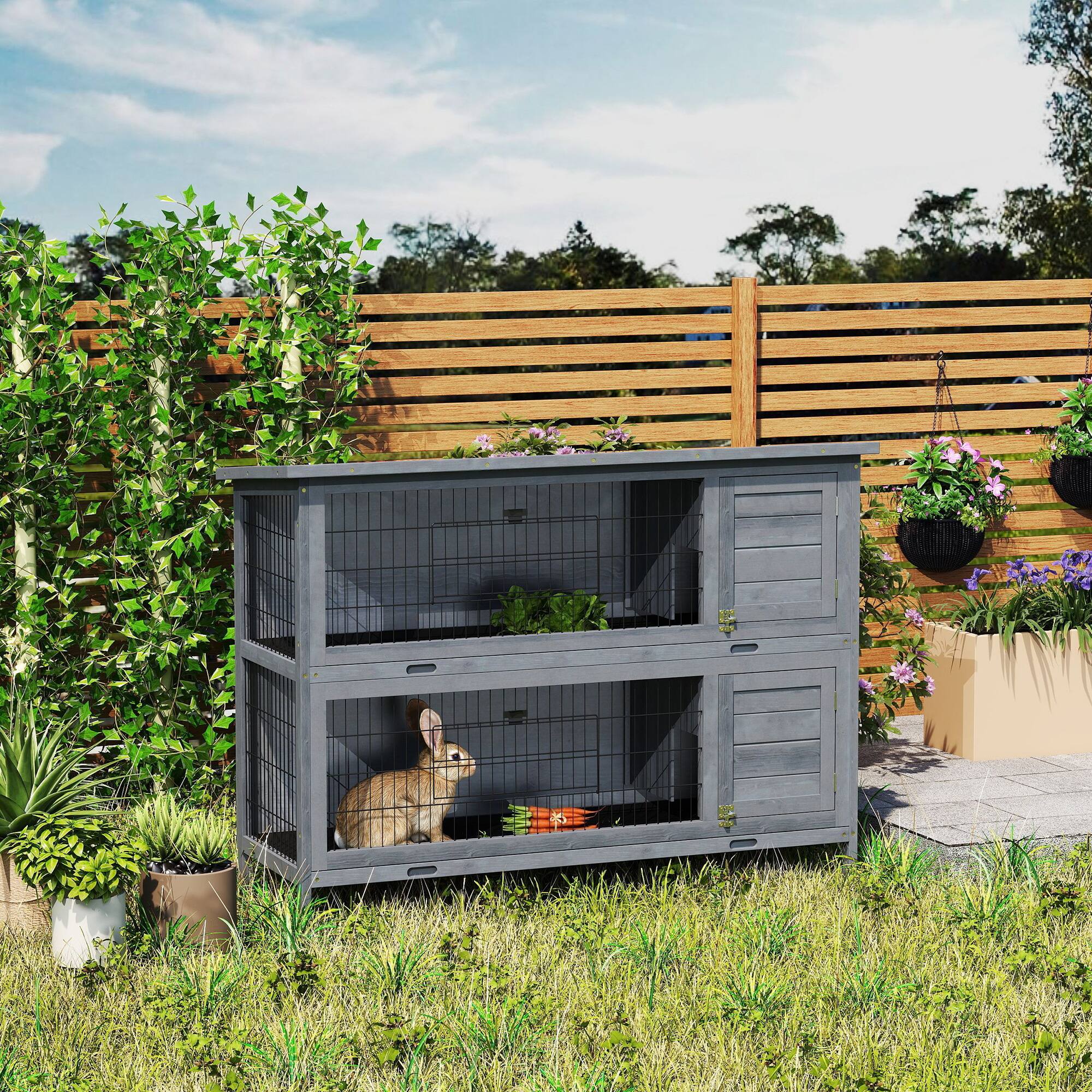 Alt View 1. Pawhut - 2-Story Large Rabbit Hutch Bunny Cage Wooden Pet House Small Animal Habitat Lockable Doors, Tray.