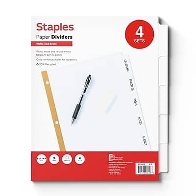 Staples - Write & Erase Paper Divider, 5-Tabs, 4 Sets (13508/23175) - White price history on PriceWatchPro