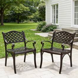 Kadyn - Cast Aluminum Patio Chairs Set of 2 Dining Chairs with Armrests Diamond Pattern, Patio Bistro Armchair Set - Bronze