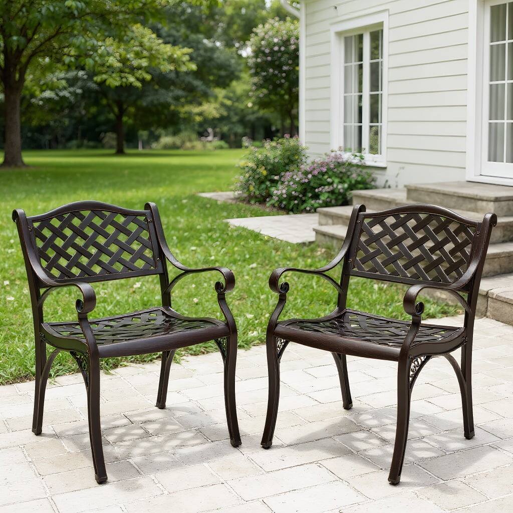 Front. Kadyn - Cast Aluminum Patio Chairs Set of 2 Dining Chairs with Armrests Diamond Pattern, Patio Bistro Armchair Set, Bronze - Bronze.