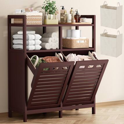 Front. JETRANSPORT - Tilt Out Laundry Hamper Cabinet Double With 2 Removable Baskets 20 Gal Sorter Organizer Shelf For Dirty - Espresso.