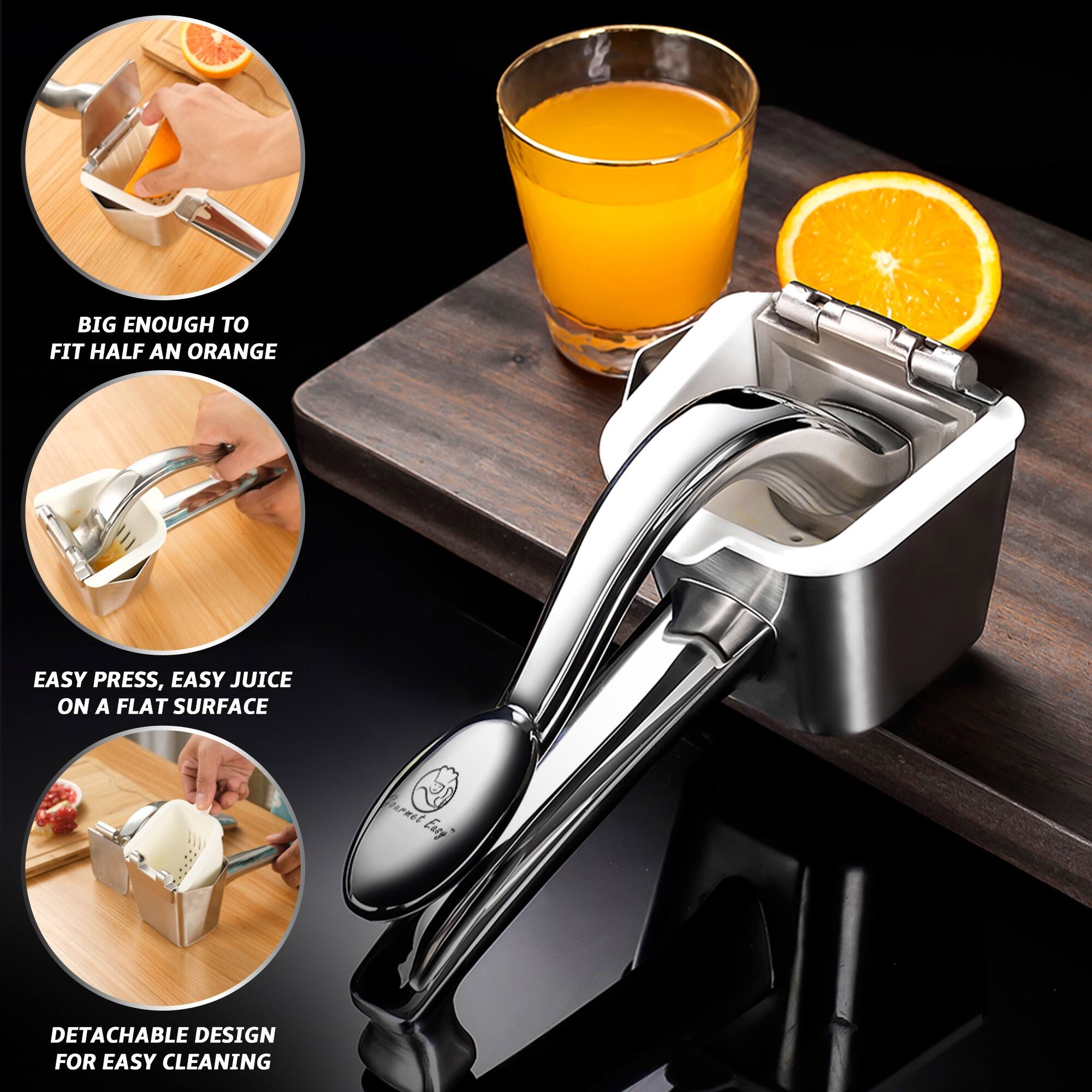 Left. Gourmet Easy - Stainless Steel Lemon Squeezer, Heavy-Duty Orange Juicer, Durable Hand Press Citrus Juicer, Portable Lime Squeezer - Stainless Steel.