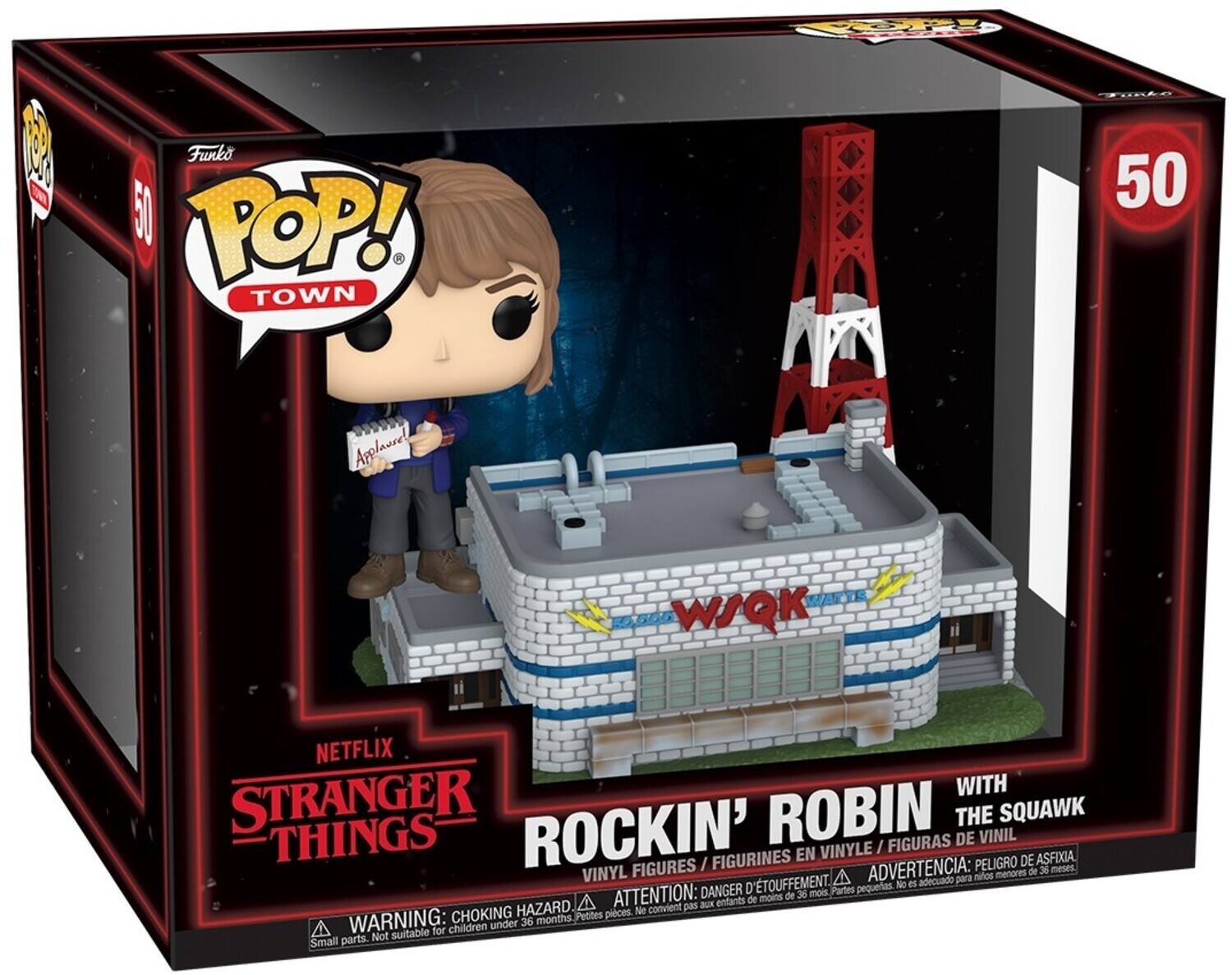 Funko POP! Town 50 Applause!  
Netflix Stranger Things  
Rockin' Robin with The Squawk  
Vinyl Figures / Figurines en Vinyle / Figuras de Vinilo  
Warning: Choking Hazard. Not suitable for children under 36 months.  
Attention: Danger d'étouffement. Ne convient pas aux enfants de moins de 36 mois.  
Advertencia: Peligro de asfixia. No es adecuado para niños menores de 36 meses.