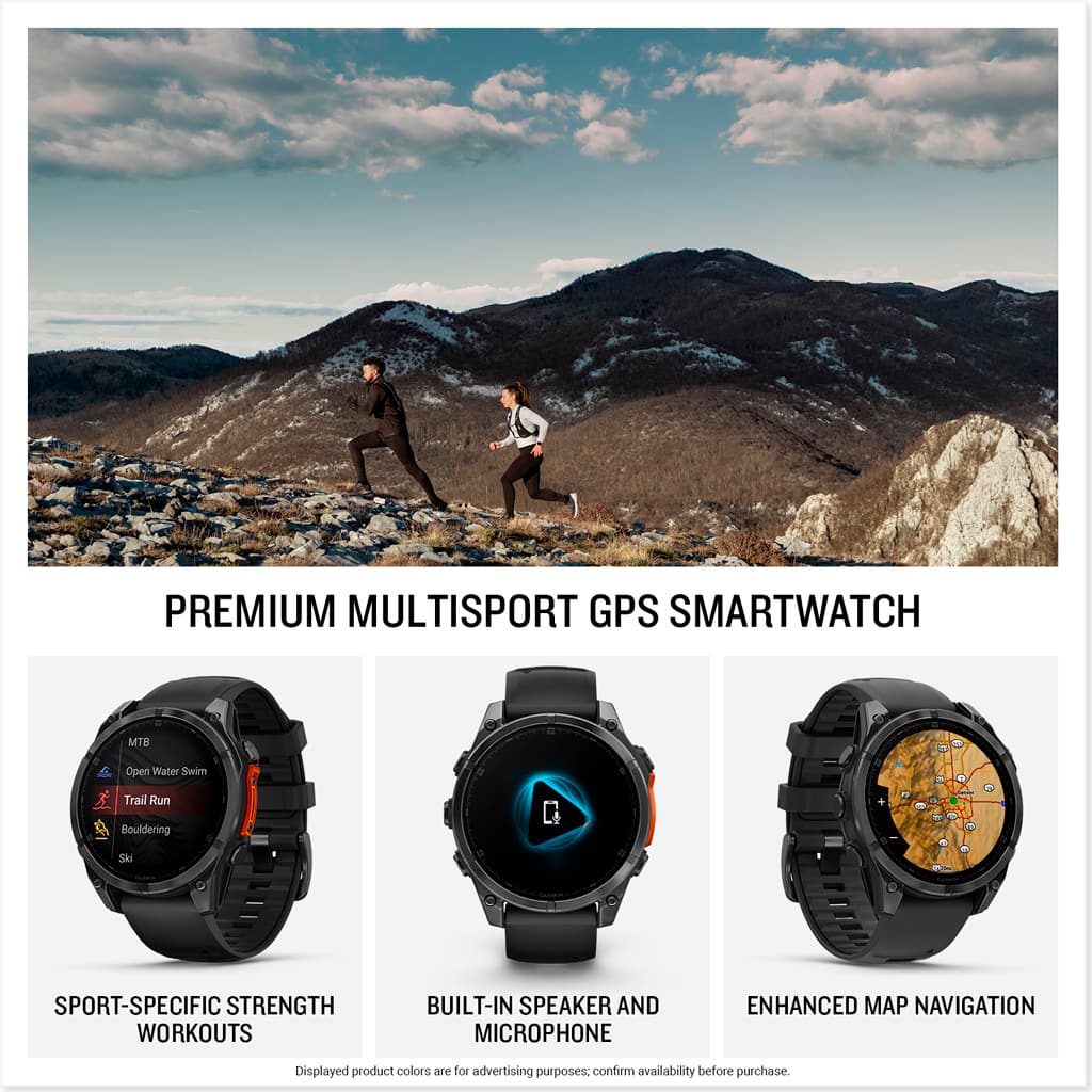 Premium Multisport GPS Smartwatch: MTB, Open Water Swim, Trail Run, Bouldering. Sport-Specific Strength Workouts, Built-In Speaker and Microphone, Enhanced Map Navigation. Displayed product colors are for advertising purposes; confirm availability before purchase.