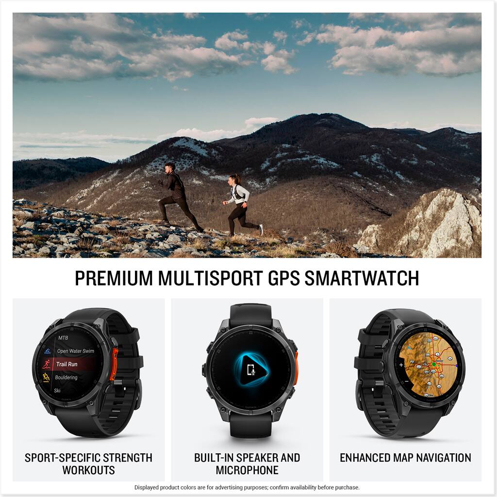 Premium Multisport GPS Smartwatch: MTB, Open Water Swim, Trail Run, Bouldering. Sport-Specific Strength Workouts, Built-In Speaker and Microphone, Enhanced Map Navigation. Displayed product colors are for advertising purposes; confirm availability before purchase.