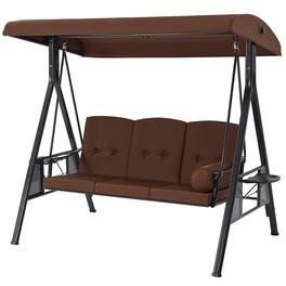 Boyel Living - 3 Person Metal Patio Swing with Removable Cushion and Cup Holder Outdoor Porch Swing Chair - Brown