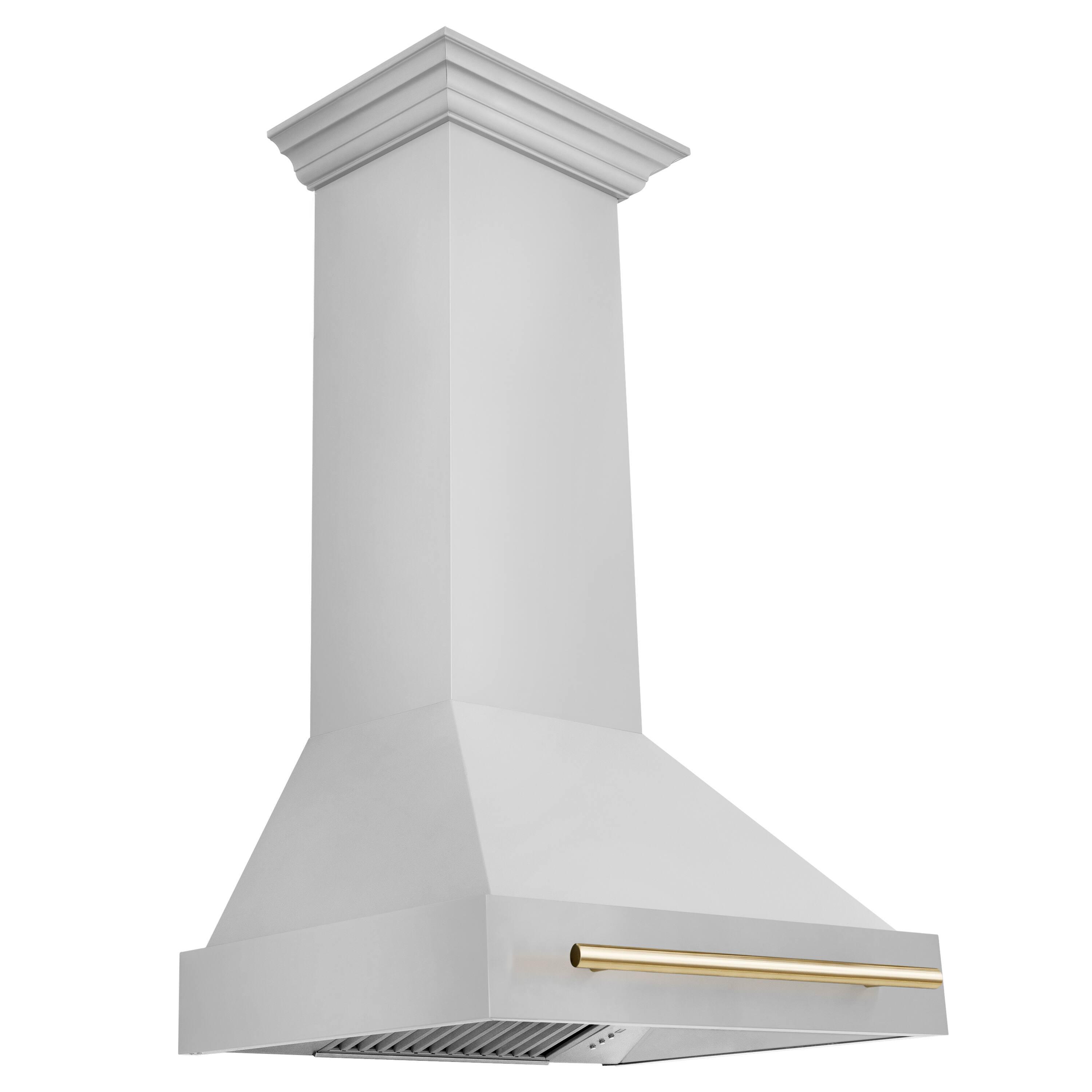 Left. ZLINE - ZLINE Autograph Edition 30 in. Stainless Steel Range Hood with Stainless Steel Shell and Polished Gold Handle - Stainless Steel.
