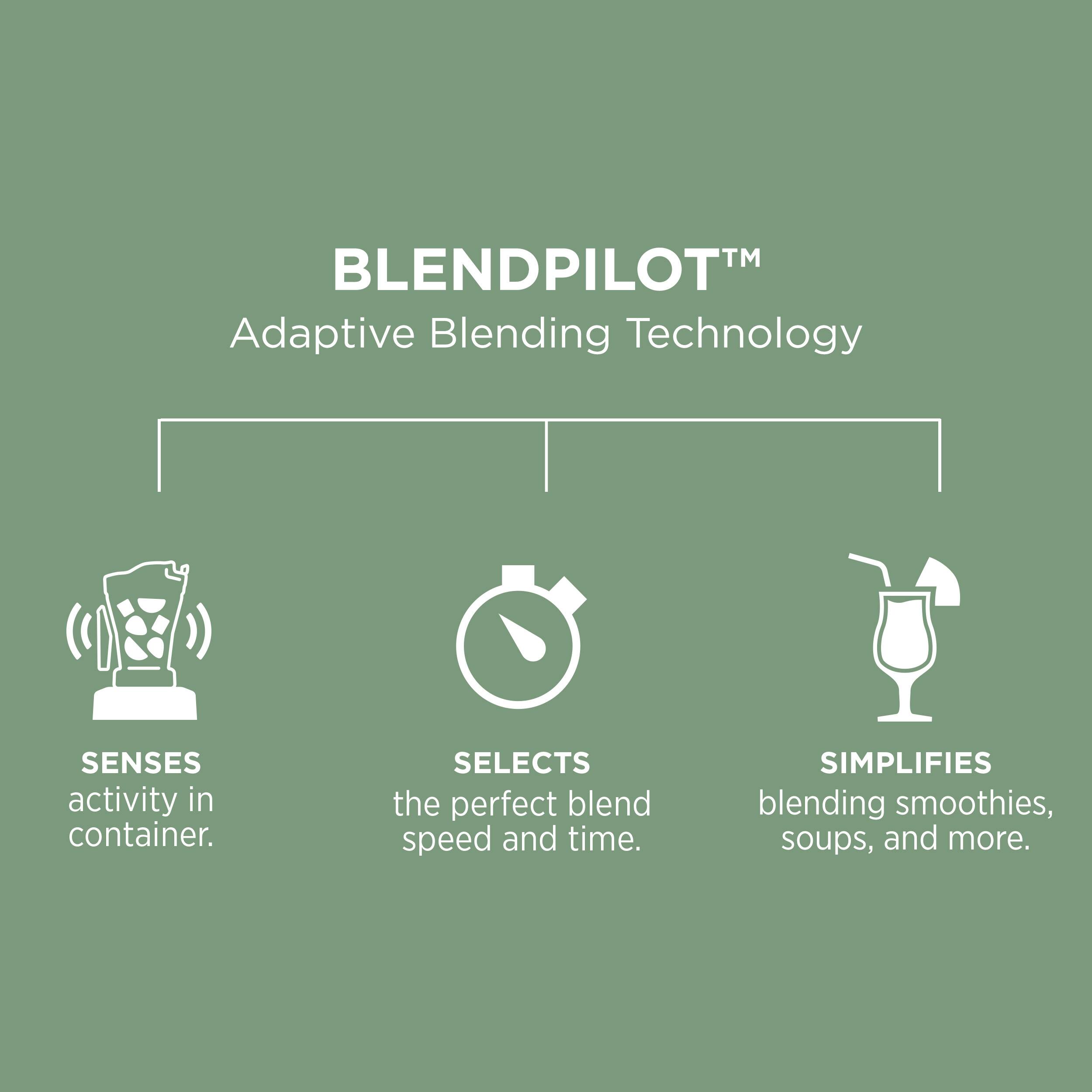 BLENDPILOT™ Adaptive Blending Technology

SENSES activity in container.  
SELECTS the perfect blend speed and time.  
SIMPLIFIES blending smoothies, soups, and more.