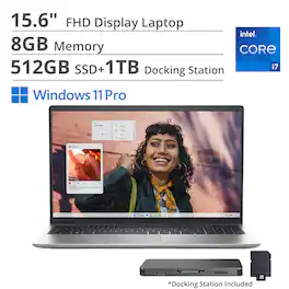 Dell - 15.6" FHD Laptop,Intel Core i7-1355U,8GB DDR4,512GB SSD+1TB Dock Set,Intel UHD Graphics,Backlit,Win 11 Pro - Silver