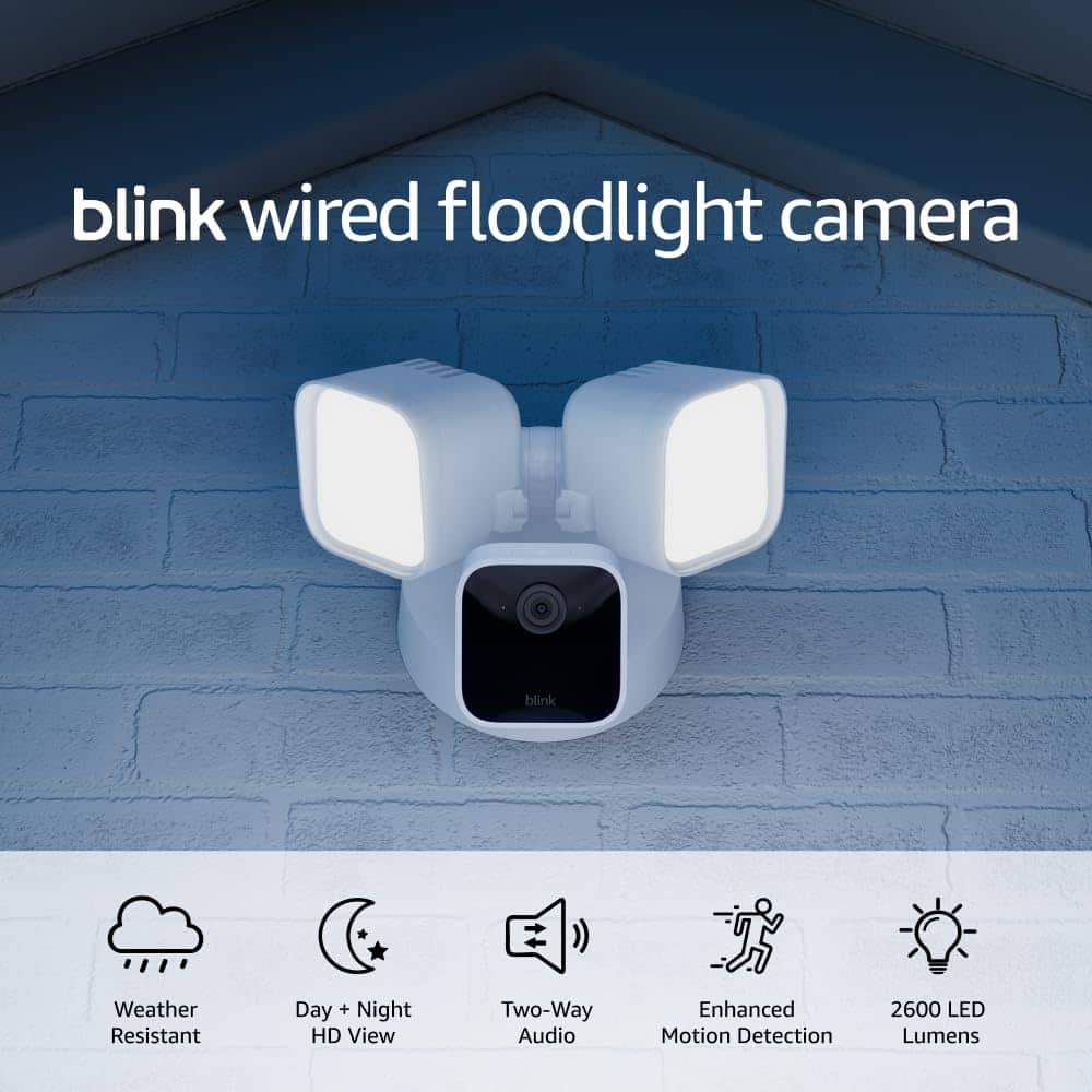 blink wired floodlight camera
- Weather Resistant
- Day + Night HD View
- Two-Way Audio
- Enhanced Motion Detection
- 2600 LED Lumens