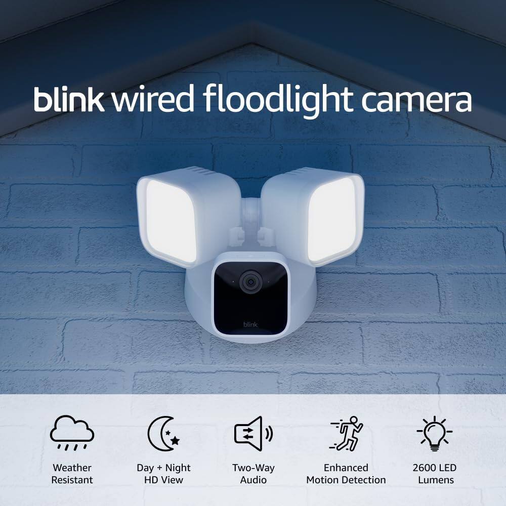 blink wired floodlight camera

- Weather Resistant
- Day + Night HD View
- Two-Way Audio
- Enhanced Motion Detection
- 2600 LED Lumens