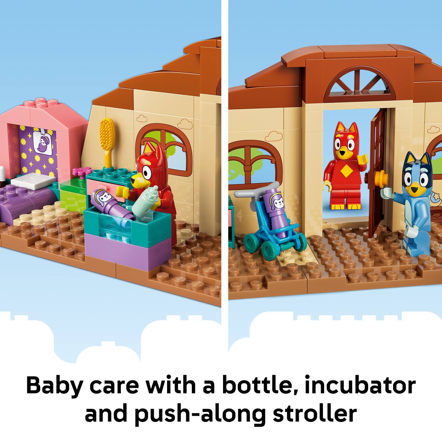 Baby care with a bottle, incubator and push-along stroller