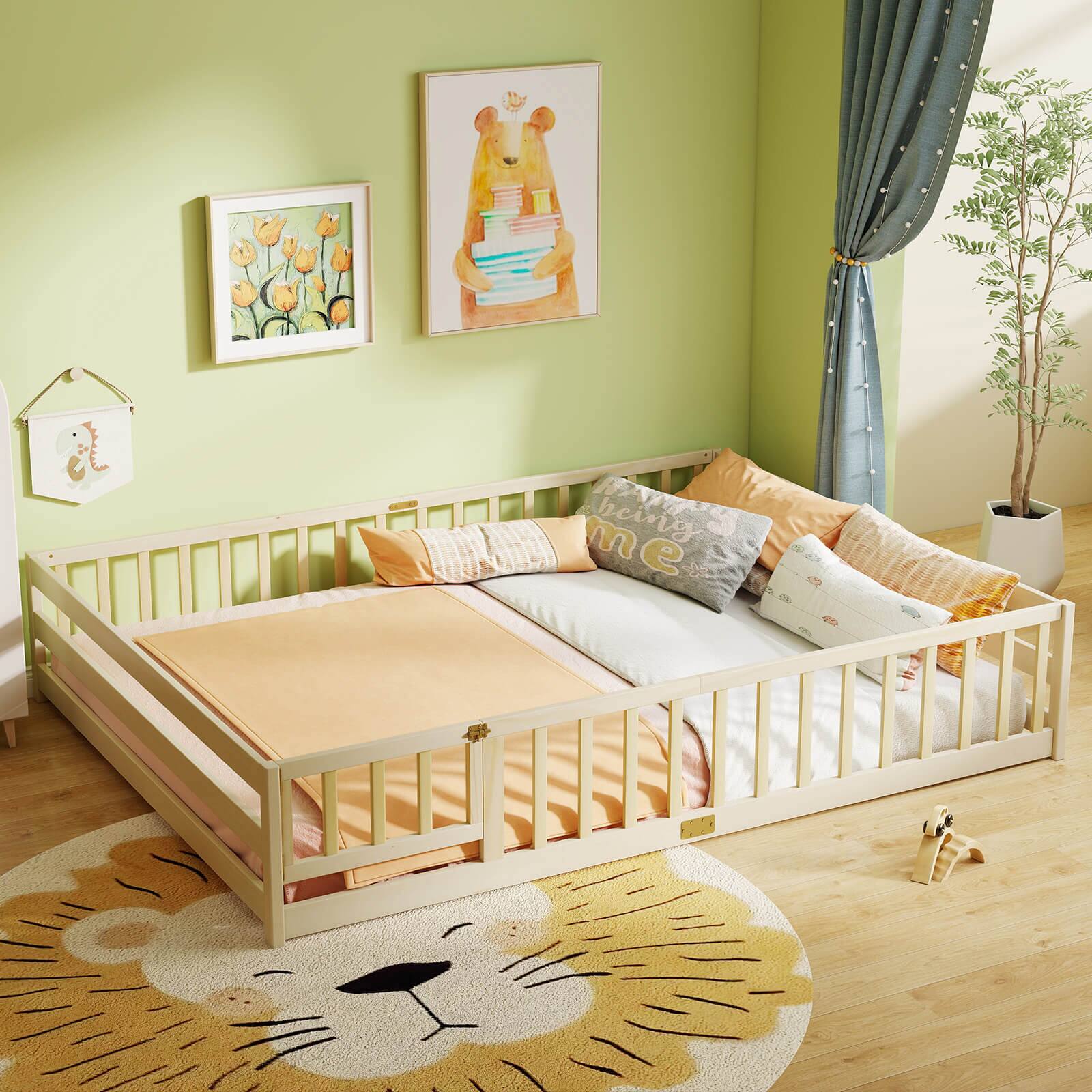 Alt View 3. Costway - Costway Queen Size Floor Bed with Full Length Safety Guardrails & Door for Boys, Girls - Natural.