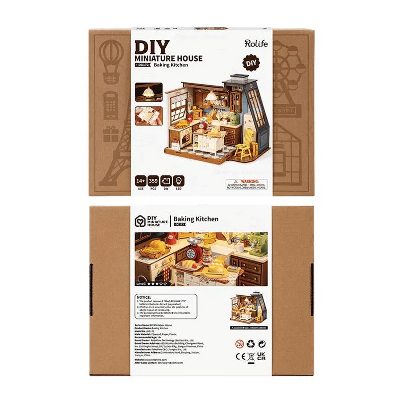 DIY MINIATURE HOUSE  
Baking Kitchen  
Rolife DIY  
14+ 359 PCS  

WARNING:  
CHOKING HAZARD - Small parts. Not for children under 3 years.  

NOTICE:  
1. This product requires 3 AAA batteries (not included).  
2. Batteries should be inserted according to the positive and negative signs.  
3. Do not use a damaged battery.  
4. Do not dispose of batteries in fire.  

Level: *O*  

CE UK CA  

DIY MINIATURE HOUSE  
Baking Kitchen  

NOTICE:  
1. This product requires 3 AAA batteries (not included).  
2. Batteries should be inserted according to the positive and negative signs.  
3. Do not use a damaged battery.  
4. Do not dispose of batteries in fire.  

Model No.: DG172  
Recommended Age: 14+  
Made in China  
Manufacturer: Rolife Co., Ltd.  
Address: Room 501, Building A, No. 188, Xingang West Road, Pudong New Area, Shanghai, China  
After-Sale Service: service@rolife.com