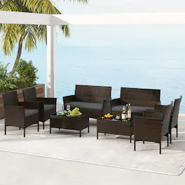 Gymax - 8 Piece Patio Rattan Conversation Set Outdoor Wicker Furniture Set w/ Chair & Loveseat - Mix Brown, Gray