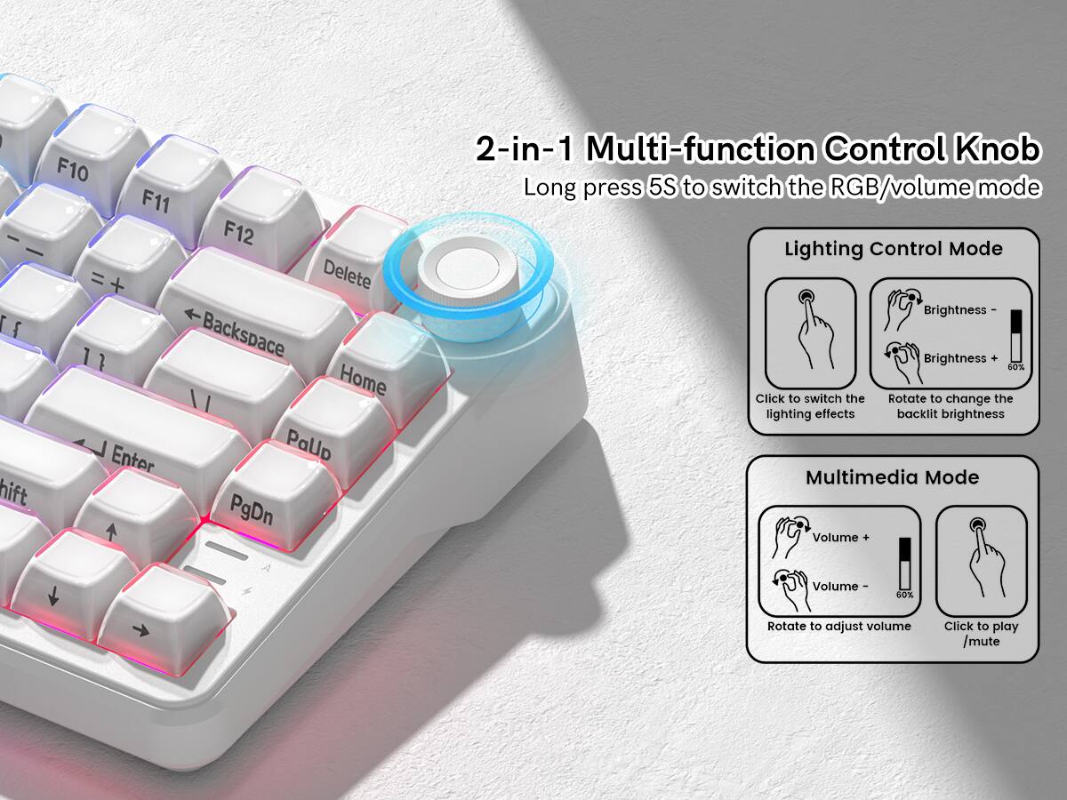 2-in-1 Multi-function Control Knob  
Long press 5S to switch the RGB/volume mode  

Lighting Control Mode  
- Click to switch the lighting effects  
- Rotate to change the backlit brightness  
  - Brightness -  
  - Brightness + 60%  

Multimedia Mode  
- Rotate to adjust volume  
- Click to play/mute  
  - Volume +  
  - Volume - 60%  

F10 F11 F12 = + Delete 1 11 1 Backspace Home Enter PaUp hift PgDn