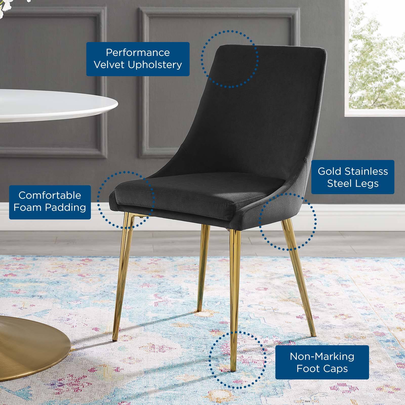 - Performance Velvet Upholstery
- Comfortable Foam Padding
- Gold Stainless Steel Legs
- Non-Marking Foot Caps