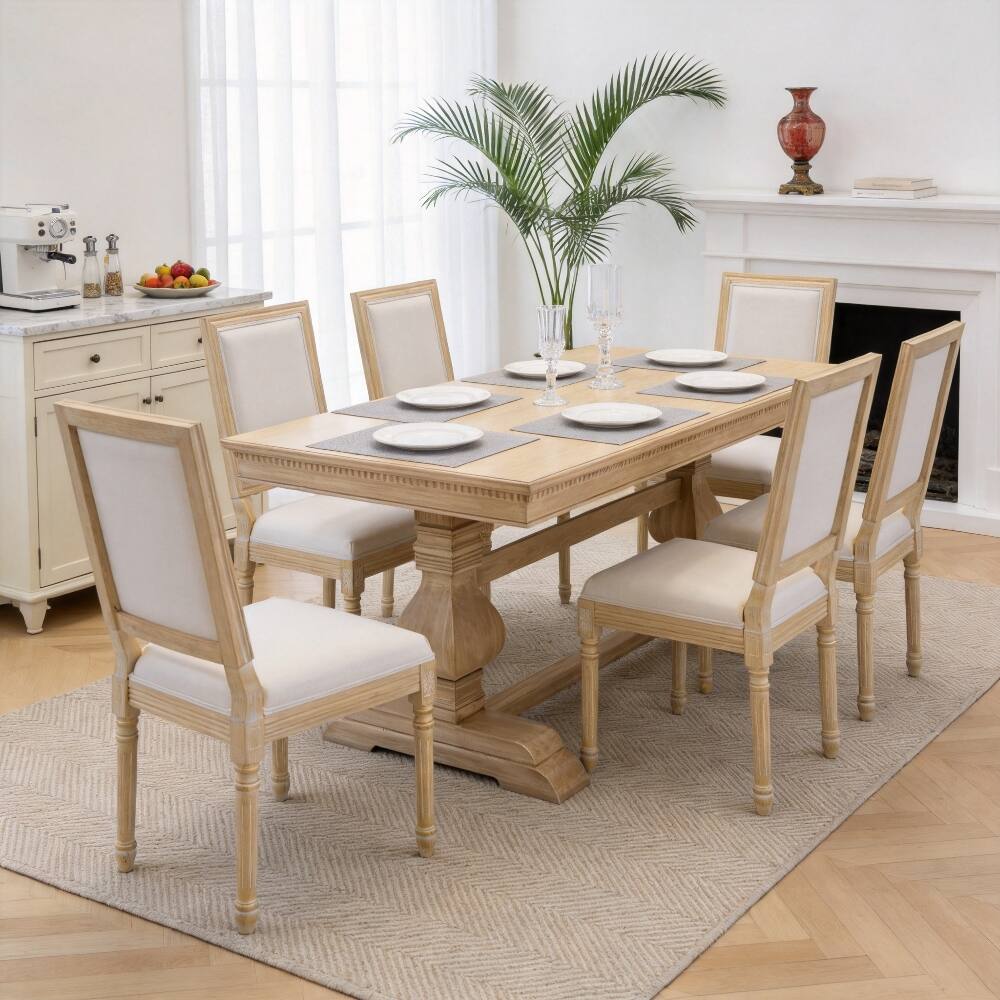 Alt View 6. Loheer - Loheer French Country Dining Chairs Set of 2 Upholstered Square Back Beige Solid Wood - Beige.