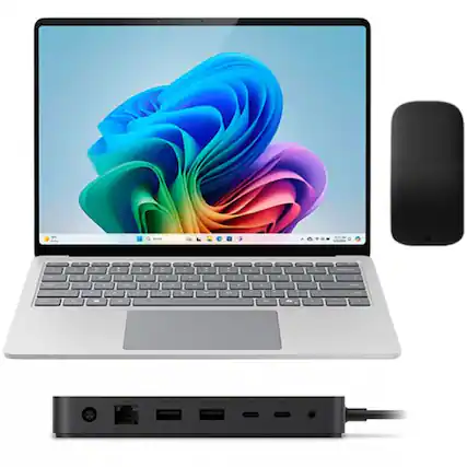 Front. Microsoft - Microsoft Surface Laptop Copilot+ PC + Arc Mouse + Surface Thunderbolt 4 Dock - Platinum.