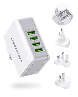 LENCENT - Universal Travel Wall Charger US/UK/EU/AU Plug Adapter with 4 USB Ports - White
