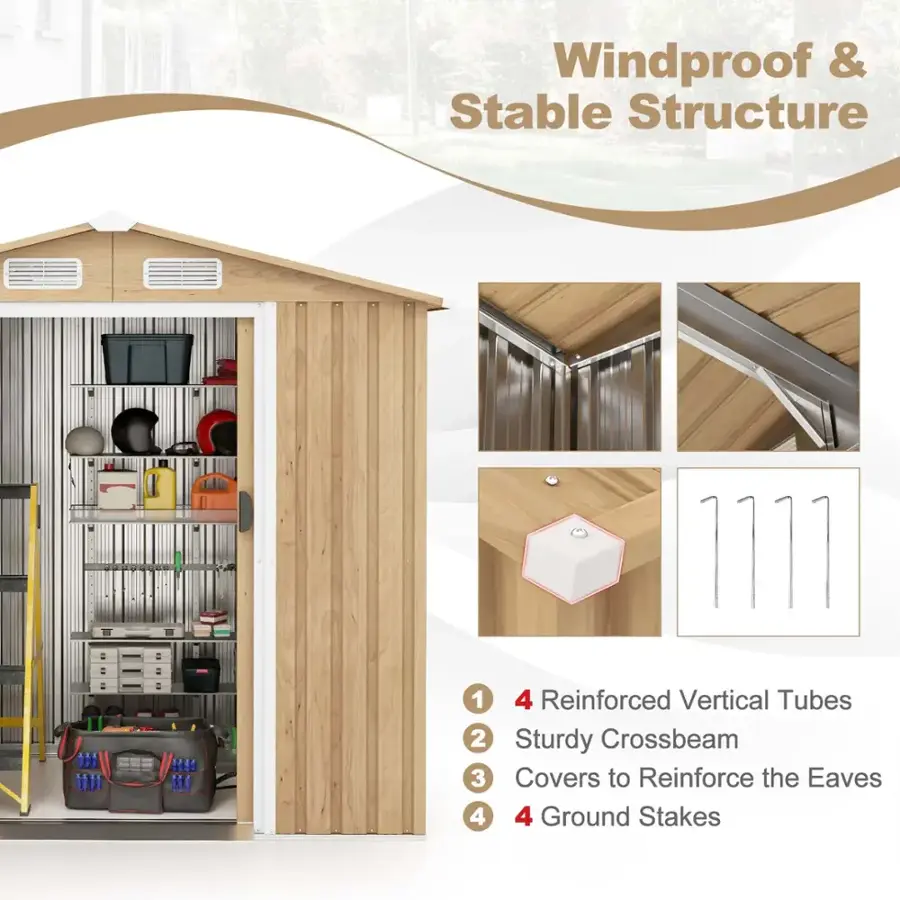 Windproof & Stable Structure 1111 1 2 3 4 4 Reinforced Vertical Tubes Sturdy Crossbeam Covers to Reinforce the Eaves 4 Ground Stakes