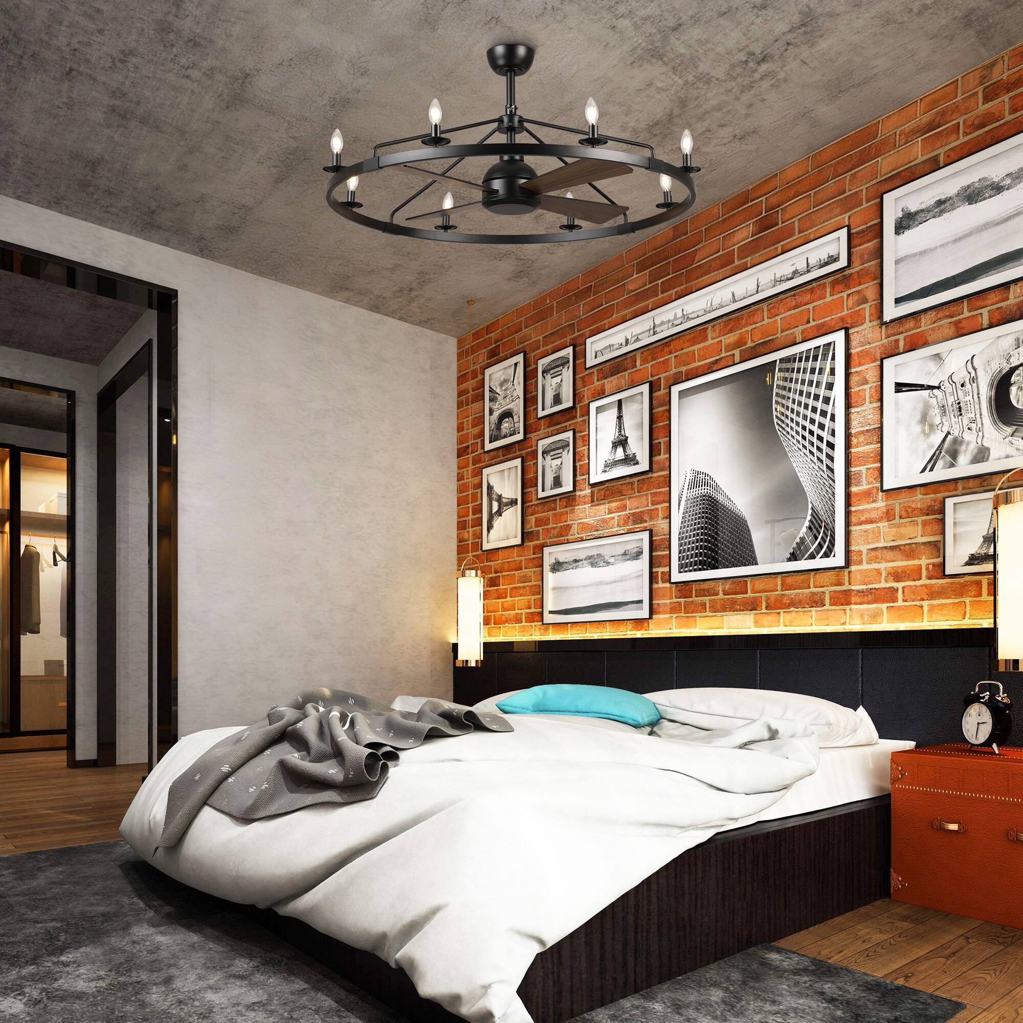 Back. Vaczon - 43" Industrial Matte Black Caged Wagon Wheel Rustic Chandelier Ceiling Fan with Remote - Matte Black.