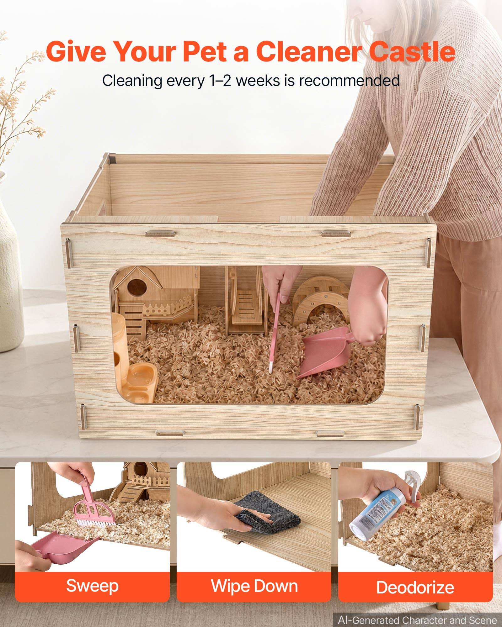 Give Your Pet a Cleaner Castle  
Cleaning every 1-2 weeks is recommended  

Sweep  
Wipe Down  
Deodorize  

AI-Generated Character and Scene