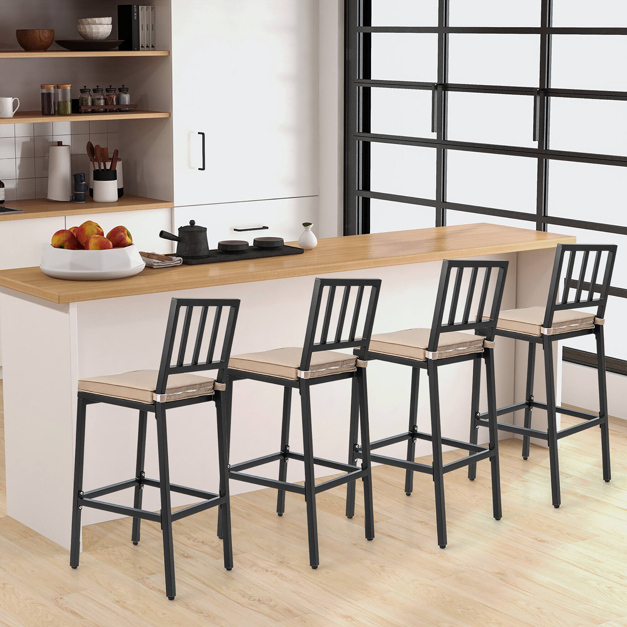 Alt View 1. Costway - Set of 2 Patio Metal Bar Stools Outdoor Bar Height Dining Chairs with Cushion - Black + Beige.