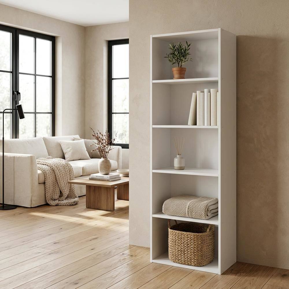 Left. FurniFact - Wooden Bookcase with Adjustable Shelves for Living Room and Office - White.