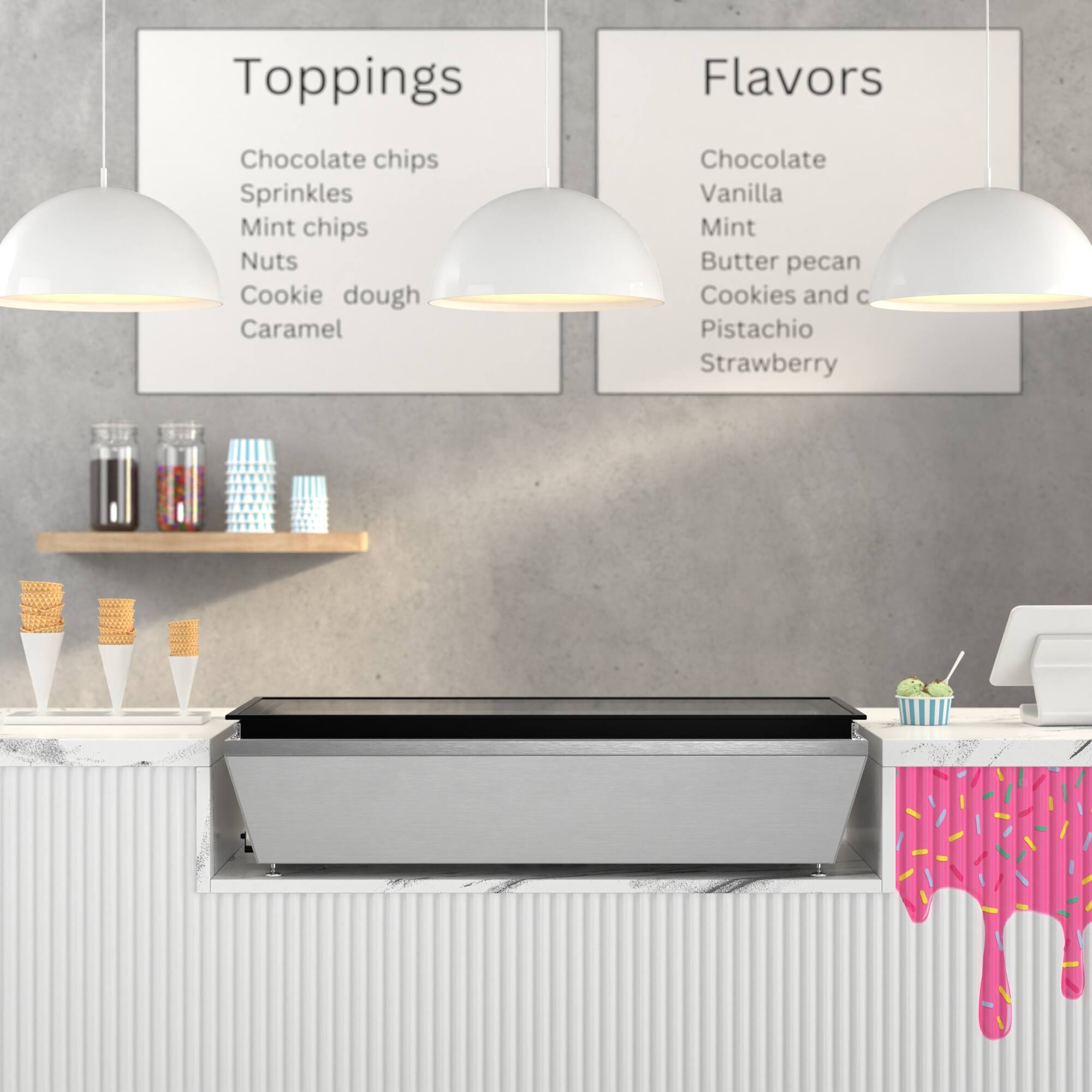 Toppings: Chocolate chips, Sprinkles, Mint chips, Nuts, Cookie dough, Caramel

Flavors: Chocolate, Vanilla, Mint, Butter pecan, Cookies and cream, Pistachio, Strawberry