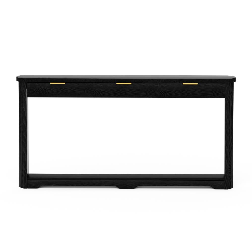 Alt View 1. JUJABU - 70.1" Black Wooden Wavy-Patterned Storage Side Table with Drawers ideal for entryways, hallways. - Black.