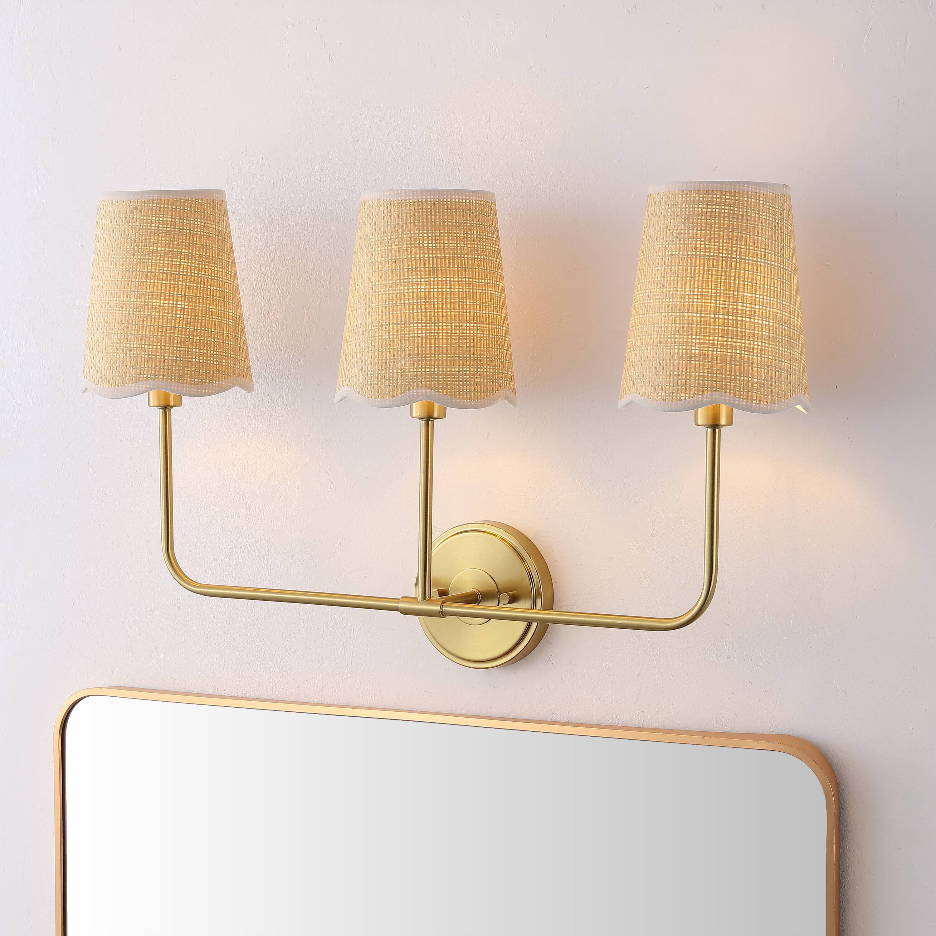 Alt View 1. Jonathan Y - Lila 26.5" 3-Light Traditional Coastal Scalloped Fabric Shade/Metal LED Vanity Light, Brass Gold/Brown - Brown/White/Brass Gold.