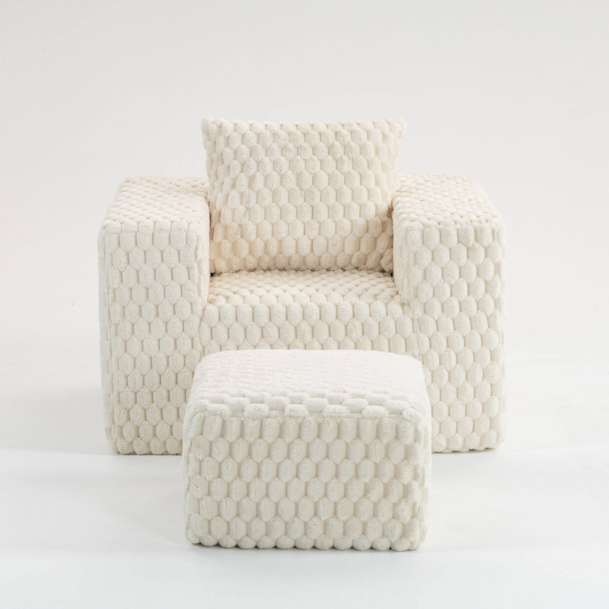 Left. Kadyn - Oversized Single Sofa with Ottoman, Reading Sofa Couch, Deep Seat Cloud Couch with Ottoman for Living Room Corduroy - White.