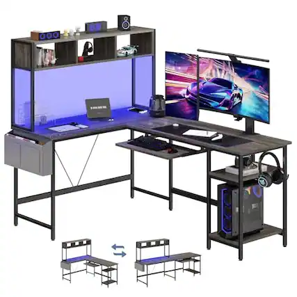 Front. Anysun - 67" L-Shape Gaming Desk with LED Lights-Corner Computer Table with Keyboard Tray, Side Bag & Storage Shelf, Metal Frame - Gray.