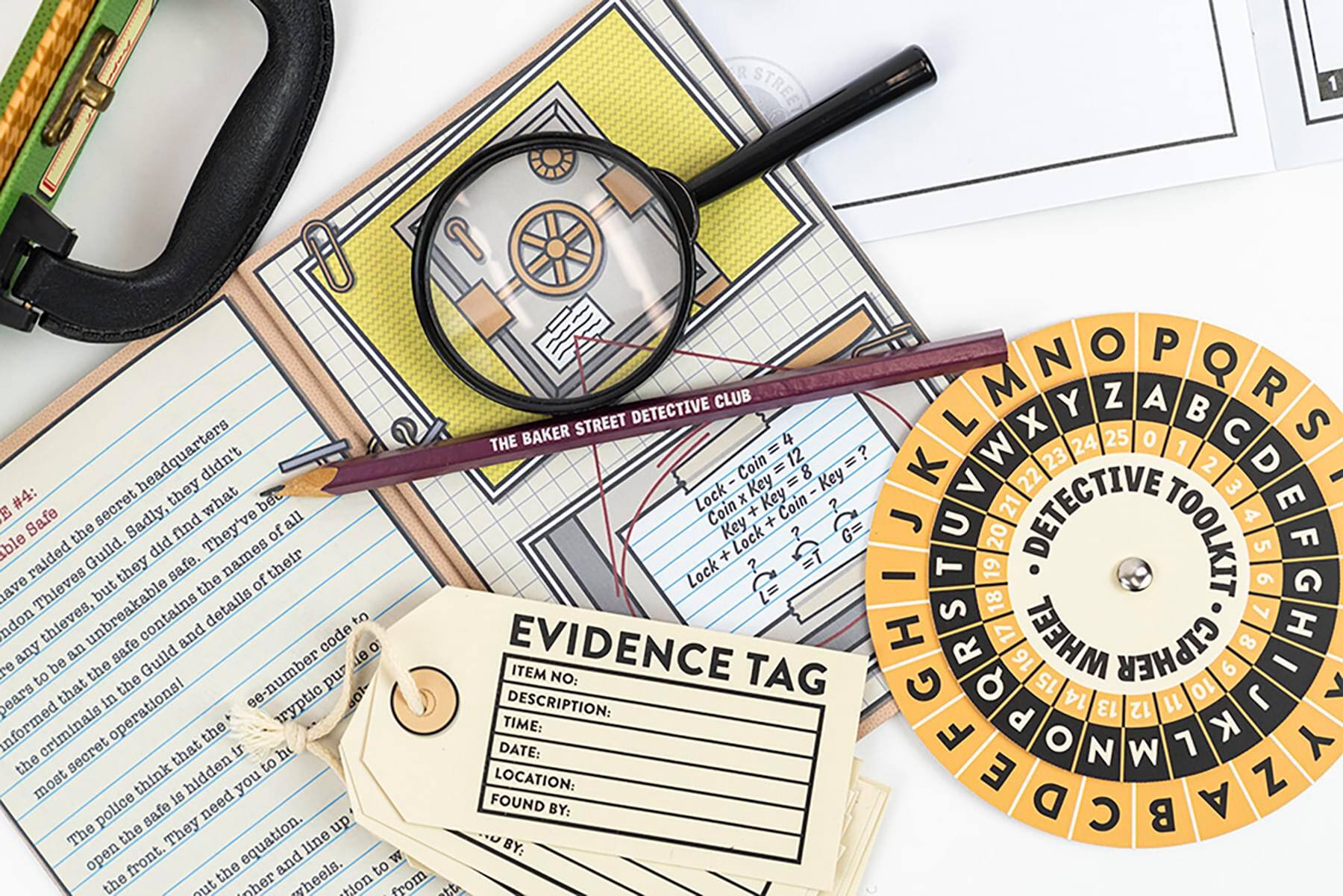 **THE BAKER STREET DETECTIVE CLUB**

**#4: Safe**

Sadly, the headquarters didn't find what they were looking for. They've raided the Guild, but the safe remains unbreakable. The safe contains the names of their most secret operations. The police think that the safe is hidden in the Guild and details of their criminal activities. They need you to help them open the safe. The equation to unlock the safe is:

- Coin + Key = 12
- Lock x Key = 8
- Key + Coin - Key = ?
- Lock + Key + Coin = ?
- Lock + ? = T

**EVIDENCE TAG**

- ITEM NO:
- DESCRIPTION:
- TIME:
- DATE:
- LOCATION:
- FOUND BY:

**DETECTIVE TOOLKIT**

- Cipher Wheel