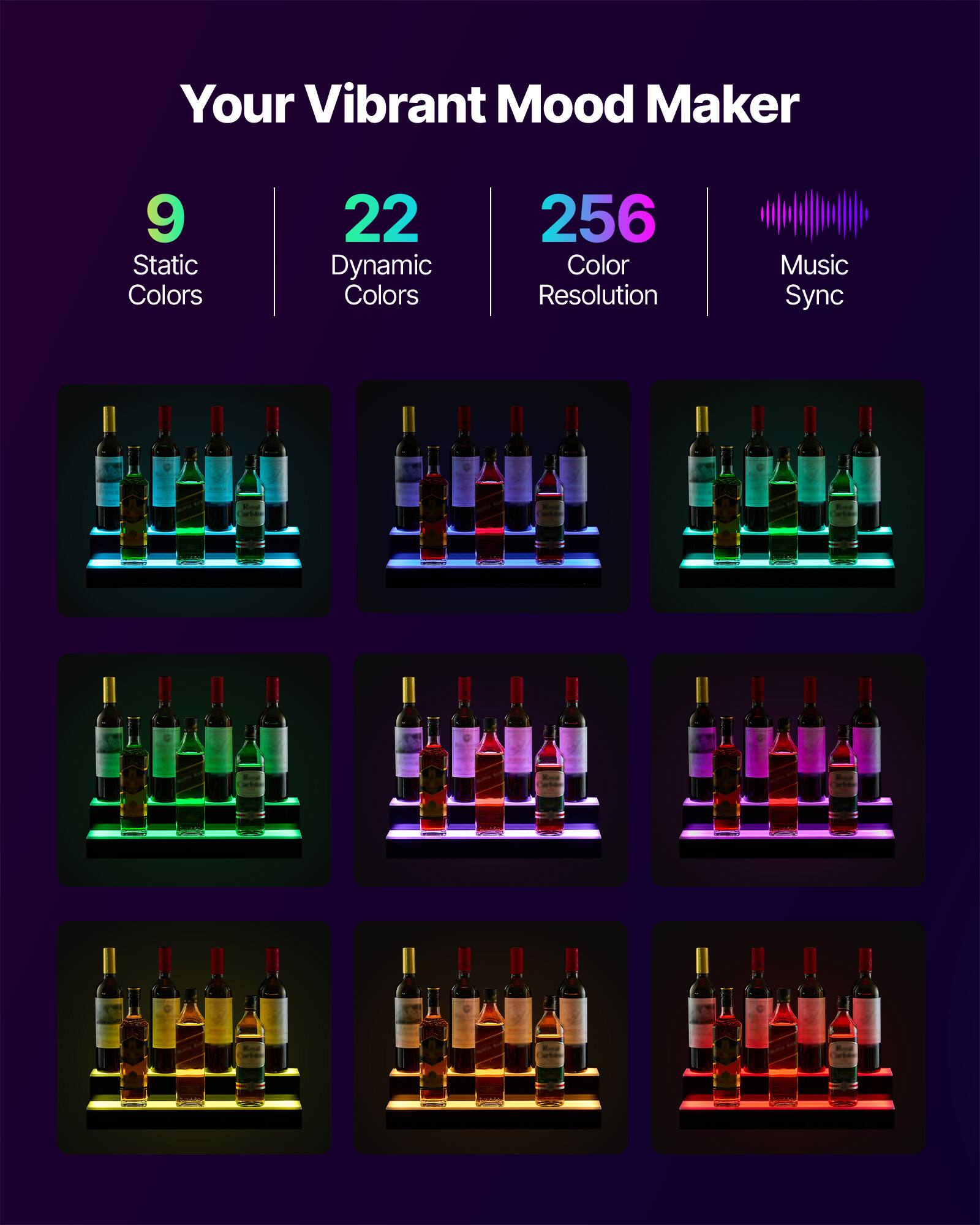 Your Vibrant Mood Maker

- 9 Static Colors
- 22 Dynamic Colors
- 256 Color Resolution
- Music Sync