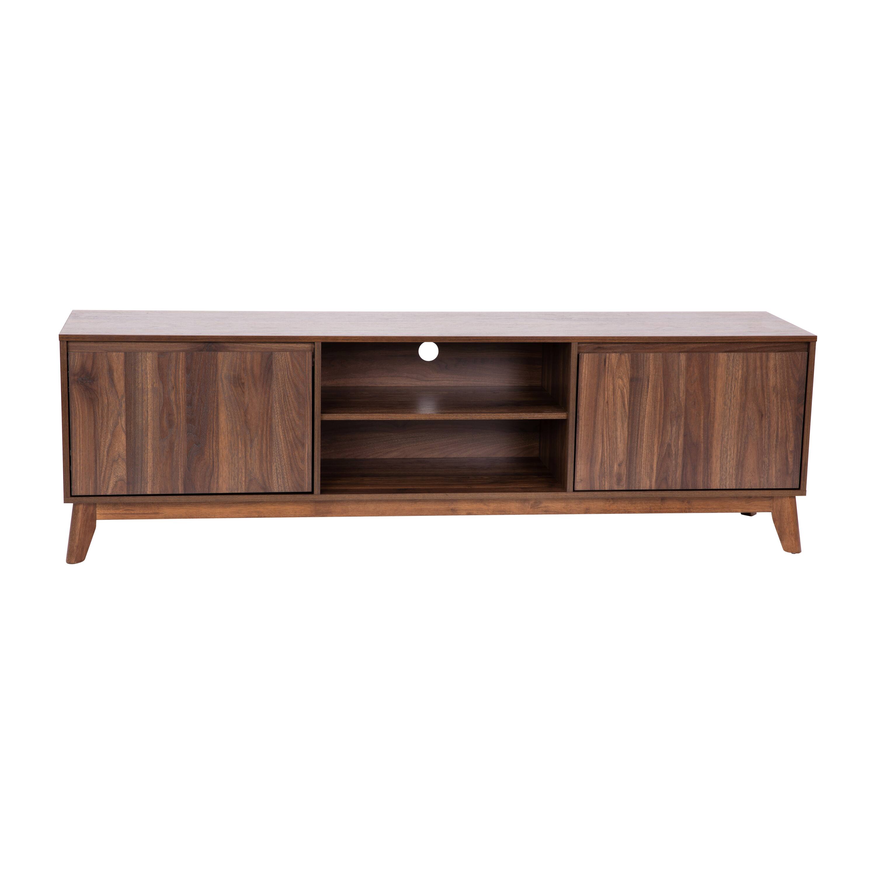 Alt View 1. Emma + Oliver - Beverly Mid-Century Modern Wooden TV Stand with Soft Close Doors, Shelf, Cord Management Hole and Tapered Legs - Dark Walnut.