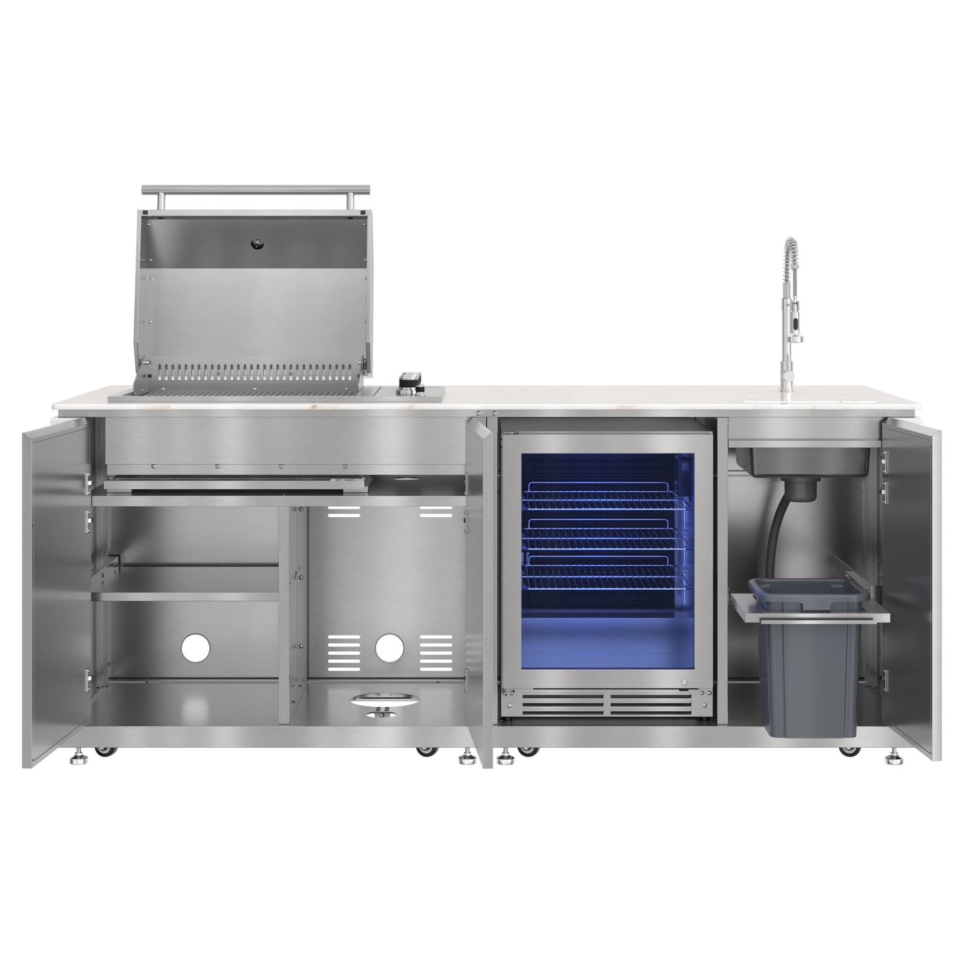 Alt View 3. Koolmore - 95 in. Outdoor Kitchen Island with 4-Burner NG and LP BBQ Grill, White Stone Counters and Sides and Stainless-Steel Sink - Stainless-Steel and White Stone.