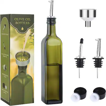 OLIVE OIL BOTTLES
- Pourer with a Flip Cap
- Pourer with Removable Rubber Cap
- 18/8 Stainless Steel Funnel
- Screw on Plastic Cap and Plug