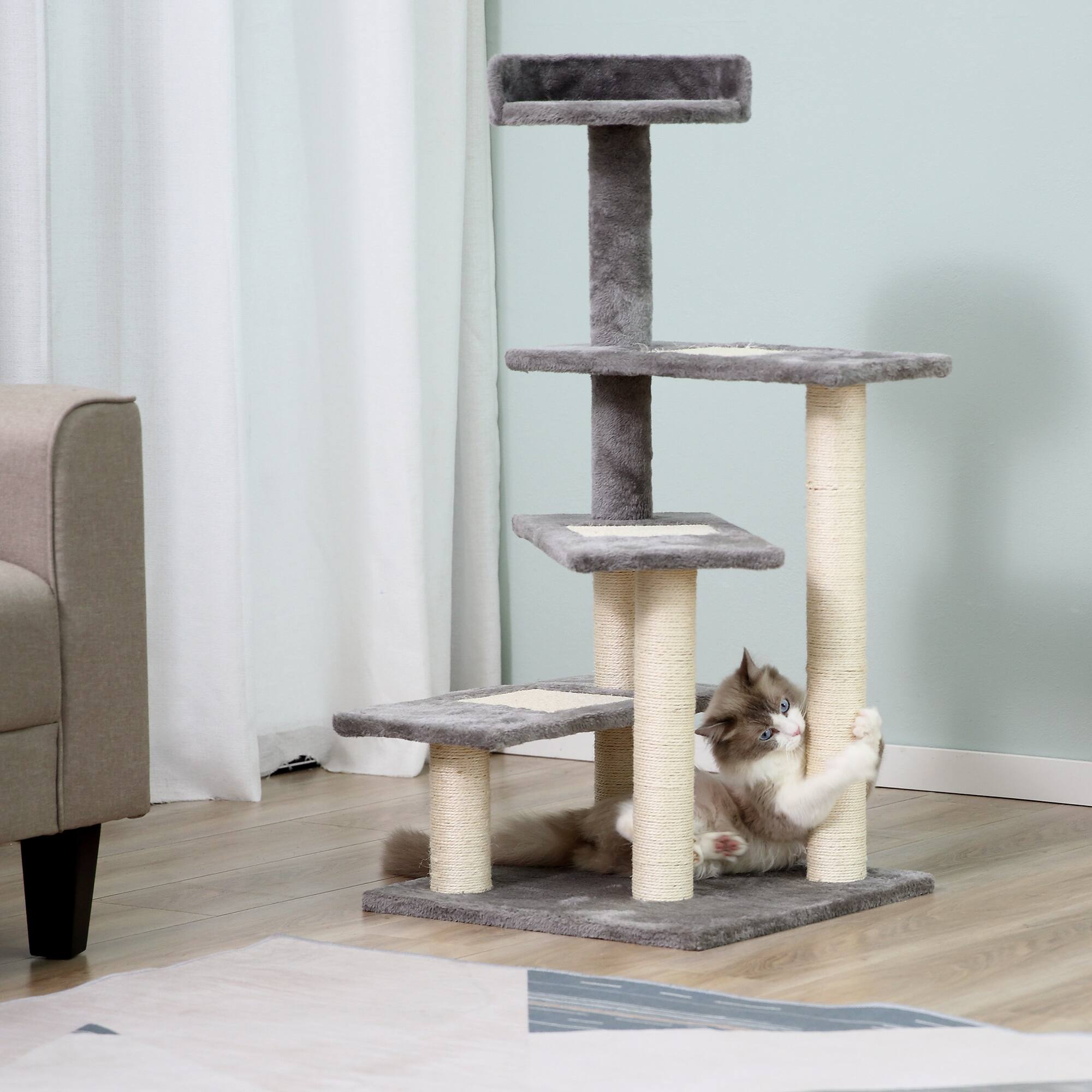 Angle. Pawhut - 40" 5-Level Revolving Stair Cat Tree Scratcher Climbing Activity Tower with Play Center and Resting Perch - Beige, Grey.