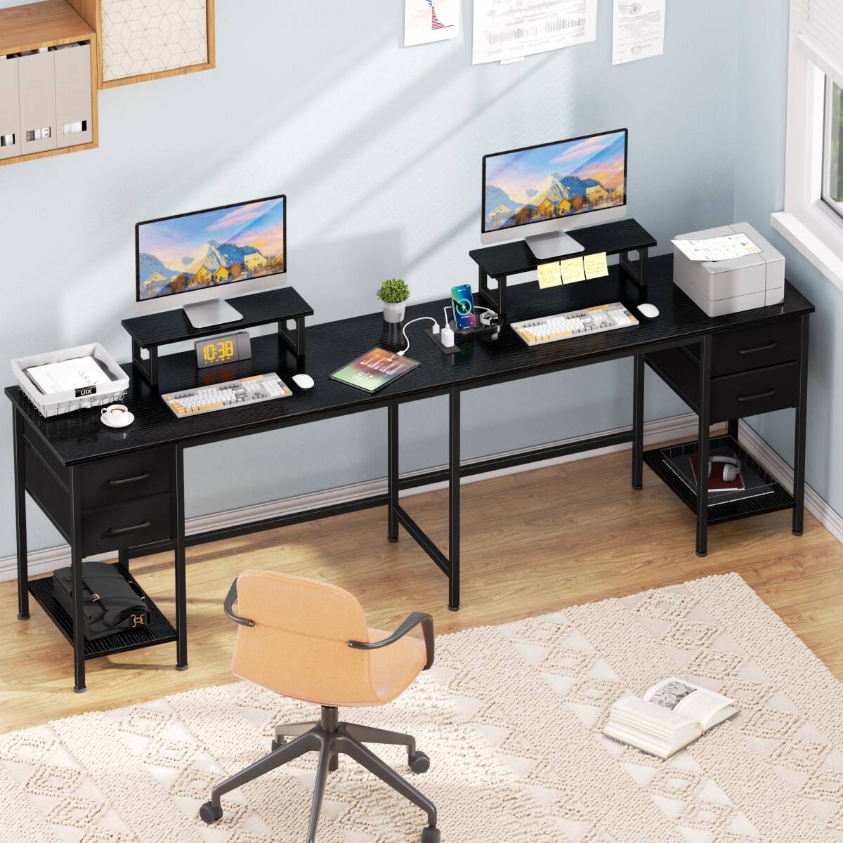 Alt View 7. Furnulem - L Shaped Computer Desk with Power Outlet and 4 Fabric Drawers Reversible Corner Gaming Desk with Monitor Stands - Black.