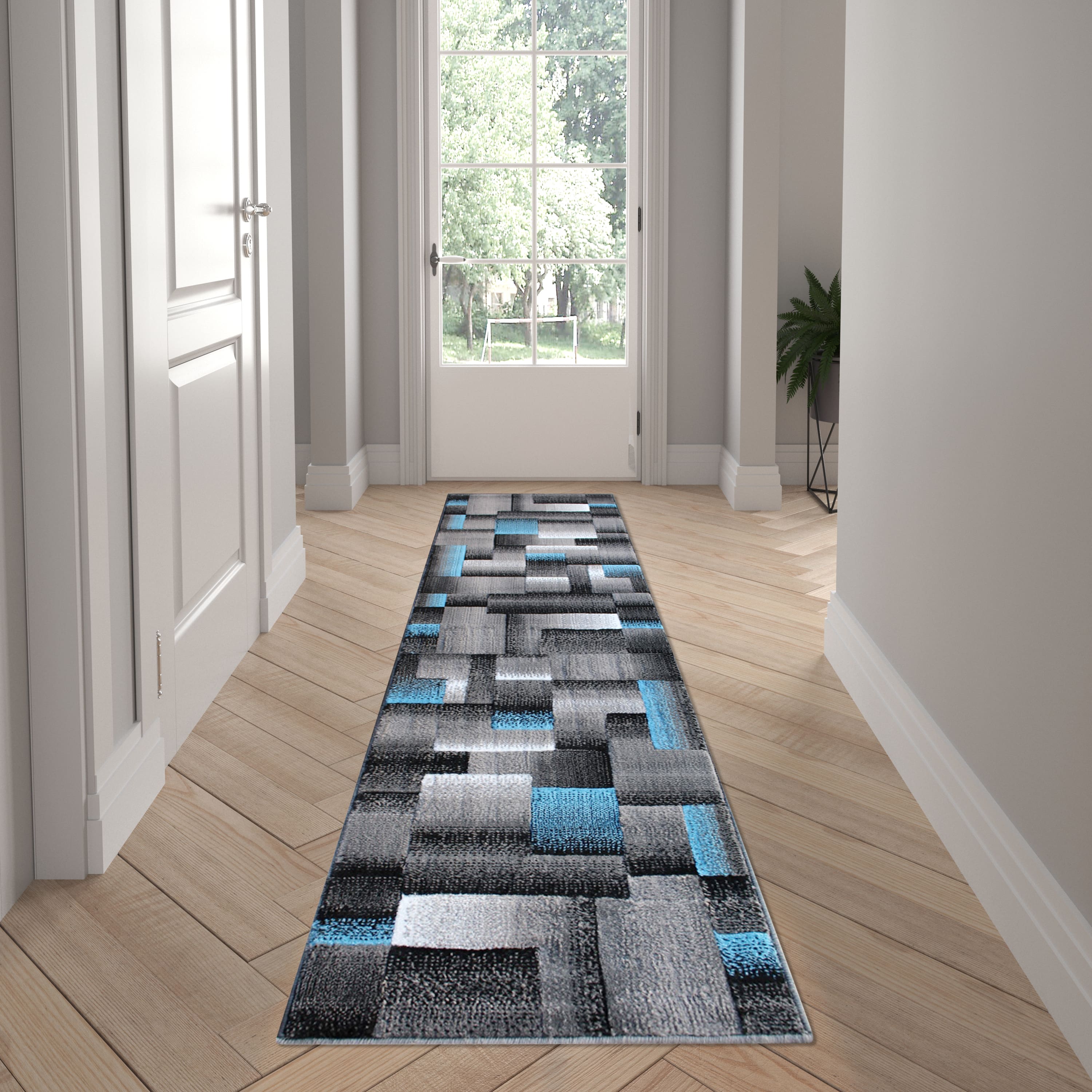 Emma + Oliver - Malaga Modern Cubist Olefin Accent Runner Rug in Gradient Shades with Natural Jute Backing - Blue