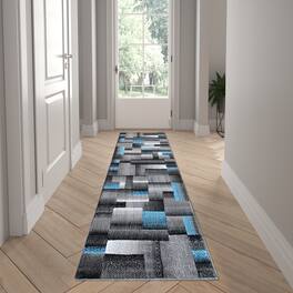 Emma + Oliver - Malaga Modern Cubist Olefin Accent Runner Rug in Gradient Shades with Natural Jute Backing - Blue