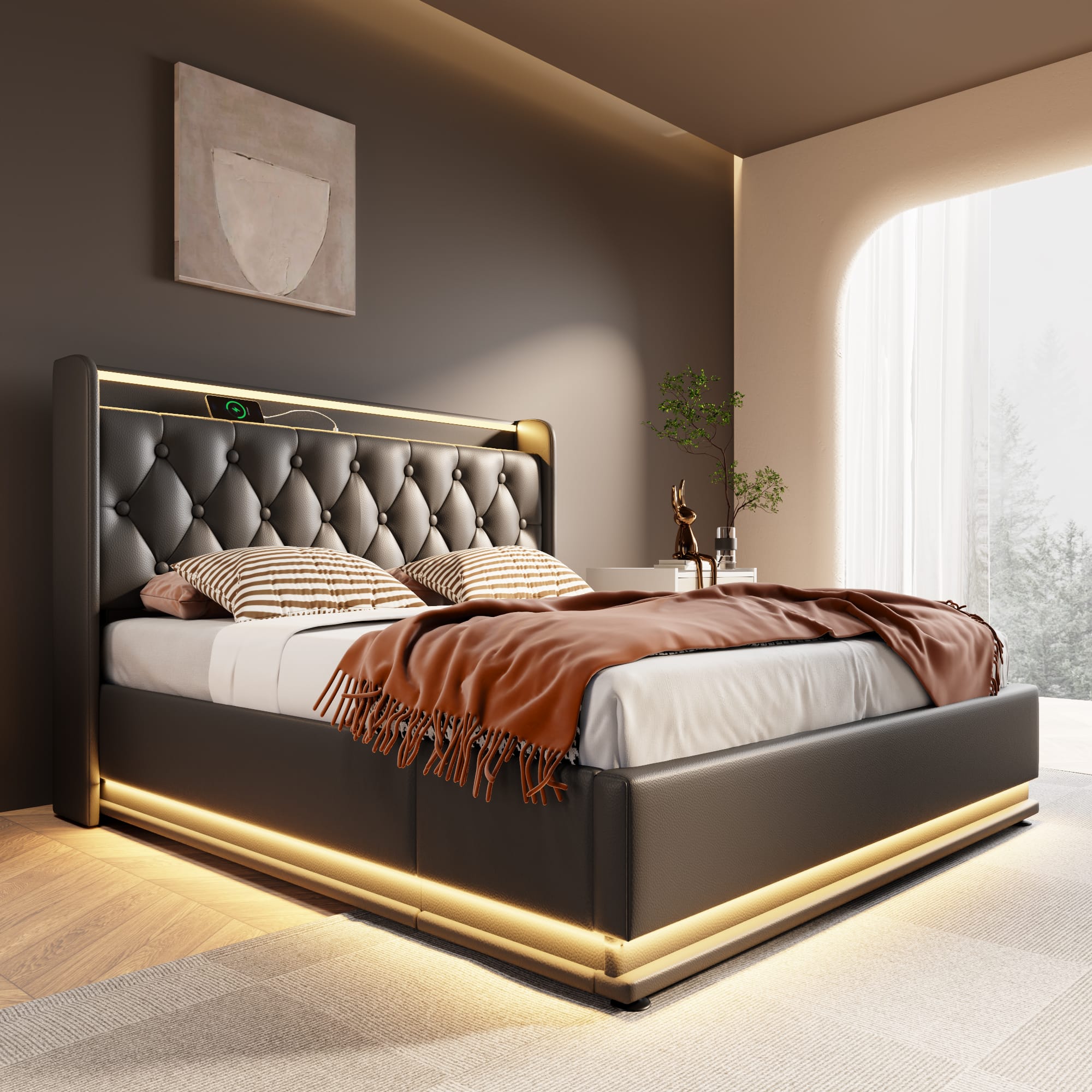 LUCKY ONE - Full size Upholstered Bed Frame with 360 surround LED function and USB Type-C charging - Black