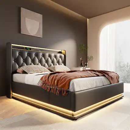 Front. LUCKY ONE - Queen size Upholstered Bed Frame with 360 surround LED function and USB Type-C charging - Black.
