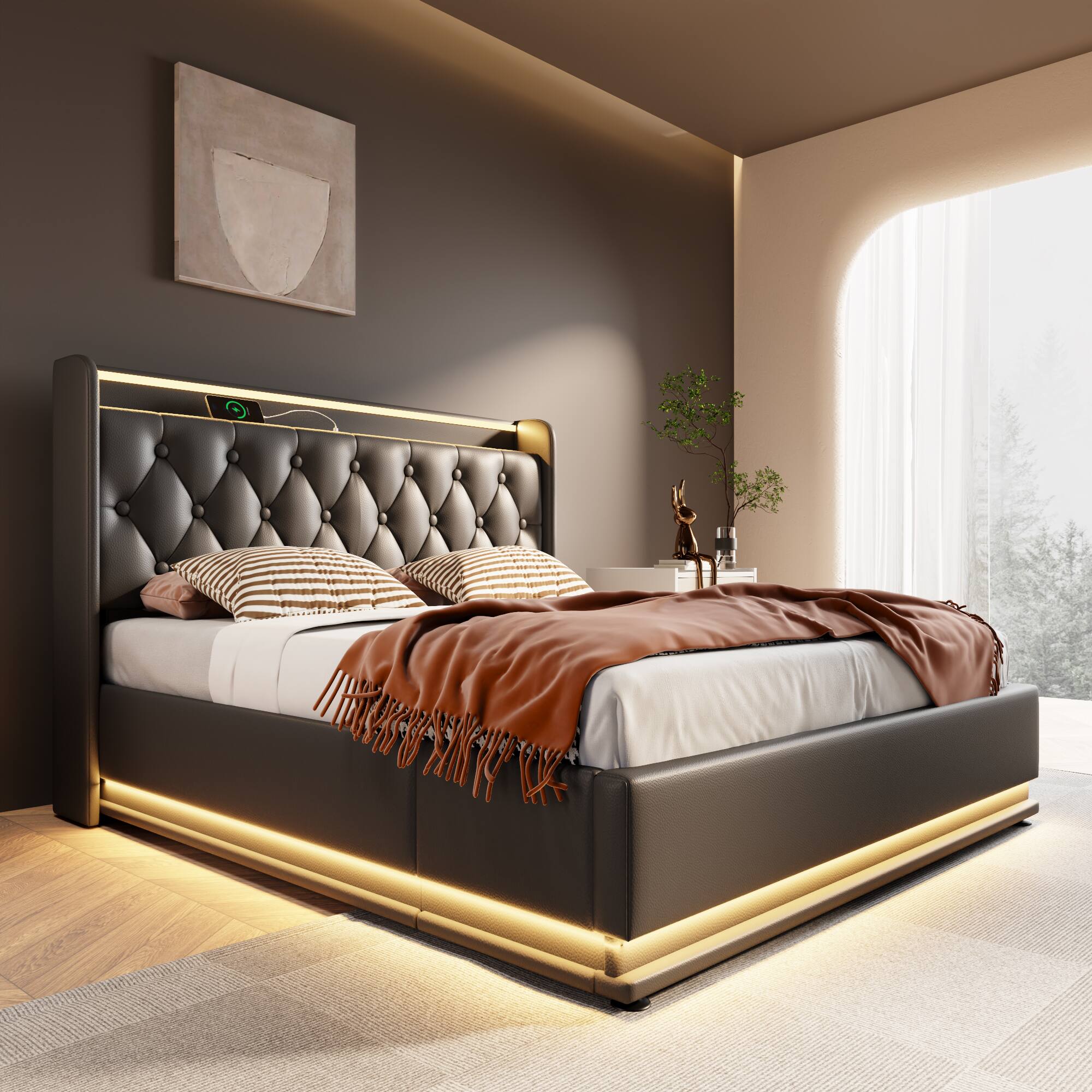 Alt View 1. Ecooso - Full Size Upholstered Bed, 360 Surround LED,  Hydraulic Storage, USB-C Charging, Without Mattress - Black.