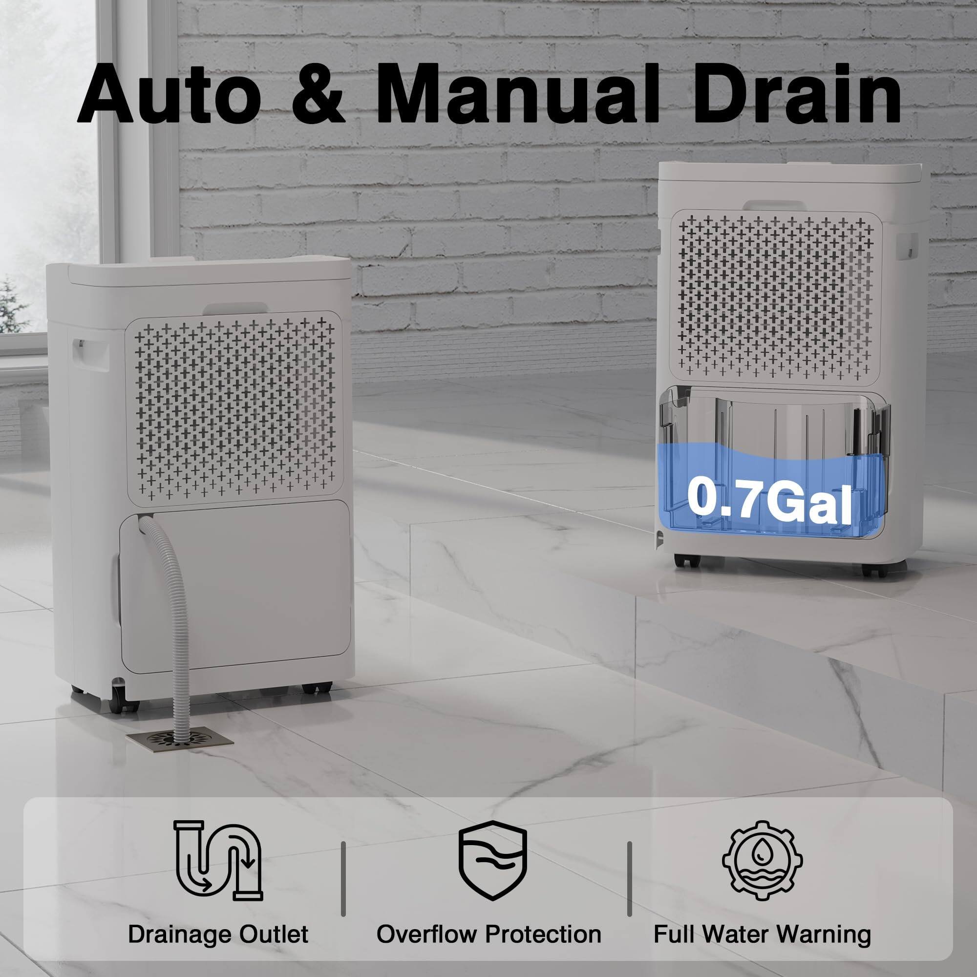 Auto & Manual Drain  
0.7 Gal  
Drainage Outlet  
Overflow Protection  
Full Water Warning