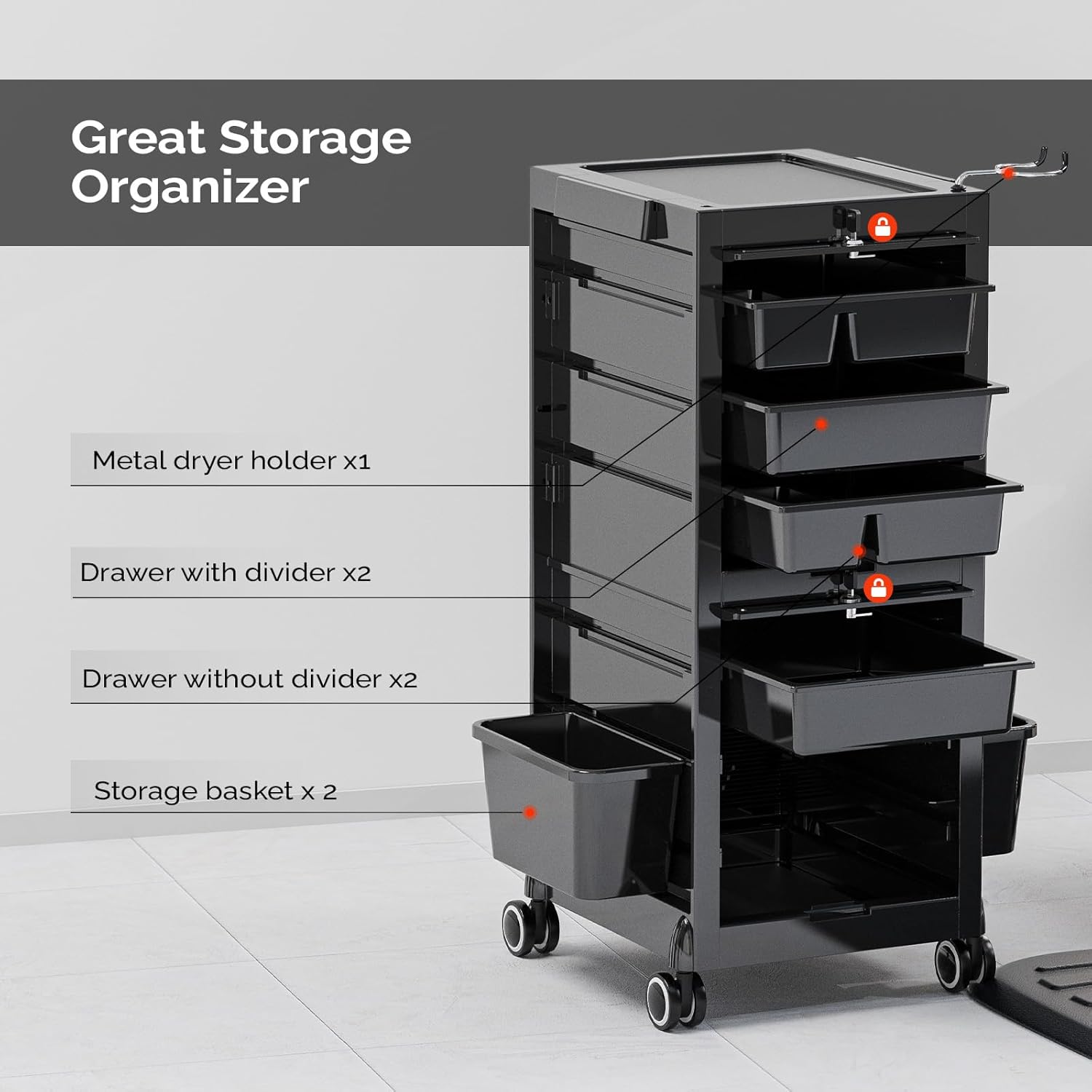 Great Storage Organizer  
Metal dryer holder x1  
Drawer with divider x2  
Drawer without divider x2  
Storage basket x 2