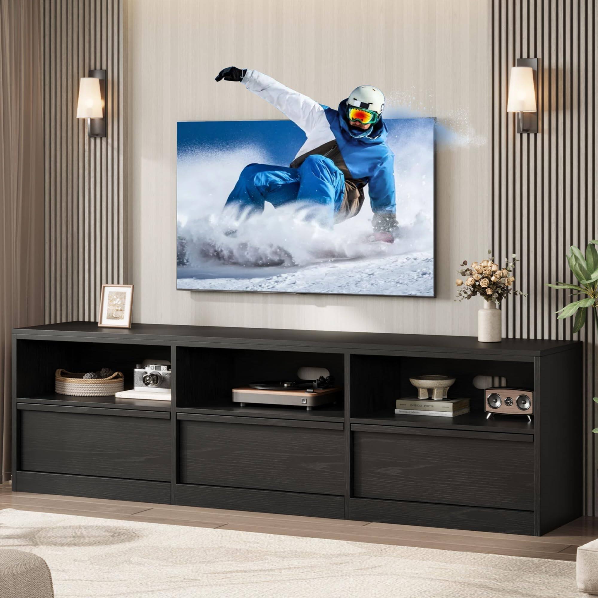 Back. Babevy - 70" Mid Century TV Stand for 65-75 Inch TVs, Modern Entertainment Center with 3 Drawers & Open Shelves - Black.